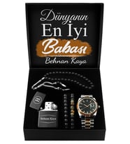 Babalar Gününe Özel Tasarım Kutu & Metal Kordonlu Siyah Saat & İkili Bileklik & Kapaklı Model Çakmak & Tesbih Hediye Seti