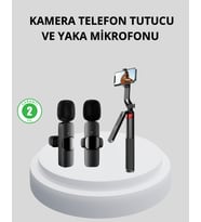 Kablosuz Çift Yaka Mikrofonu ve Tripodlu Selfie Çubuğu İçerik Üretici Seti