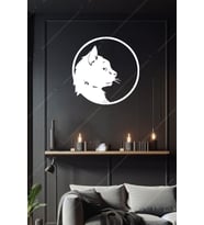 Kedi Temalı Yuvarlak Ahşap Duvar Dekoru Tablo (Beyaz)