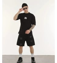 pilelistore- Unisex Bisiklet Yaka Baskılı Oversize T-Shirt - Siyah