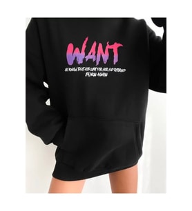 Baskılı Üç İplik Kapüşonlu Oversize Sweatshirt - Siyah
