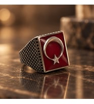 925 Ayar Türk Bayraklı Kare Erkek Yüzük