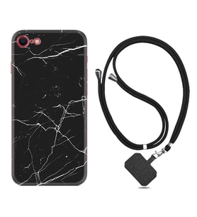 Apple iPhone 5 6 7 8 Plus Se XR Kılıf Boyun Askılı Silikon Siyah Mermer 1299