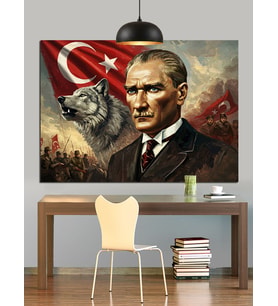Atatürk Ve Kurt Resmi Dekoratif Kanvas - Mdf Ahşap Tablo