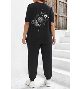 Unisex Pusula Baskılı 2'li Eşofman Takımı (Siyah)