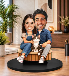 Kişiye Özel Fotoğraflı Kedi ve Çift Biblosu Karikatür Tasarımlı Sevgiliye ve Kedi Severlere Hediye