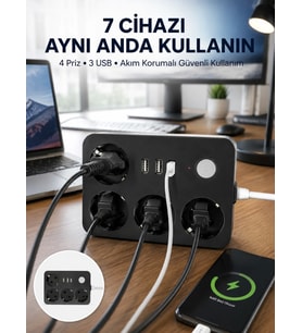 3 USB Çıkışlı 4’lü Akıllı Priz 2500W 2 Metre Kablo