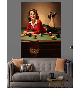 Bilardo Masasında Retro Kadın Figürü Dekoratif Kanvas - Mdf Ahşap Tablo