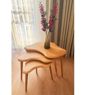Fawdecor Asimetrik Naturel Masif Doğal Ahşap Zigon Sehpa 3'lü Set, Modern İskandinav Tarz Masif Yan Sehpa