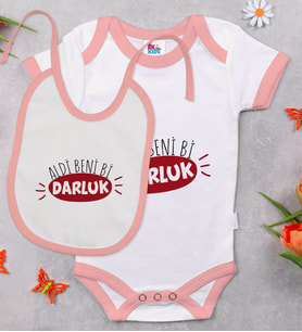 BK Kids Darluk Tasarımlı Pembe Bebek Body Zıbın ve Mama Önlüğü Hediye Seti-1