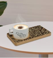 BK Gift Kişiye Özel Retro Motif Tasarımlı Doğal Ahşap Tabaklı Seramik Fincan Sunum Seti  Model 6