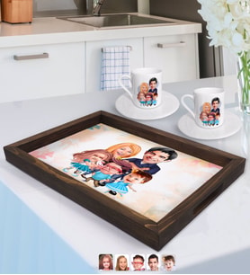 BK Gift Kişiye Özel Aile Karikatürlü Doğal Ahşap Tepsi ve 2’li Kahve Fincan Seti-7