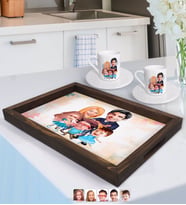 BK Gift Kişiye Özel Aile Karikatürlü Doğal Ahşap Tepsi ve 2’li Kahve Fincan Seti-7