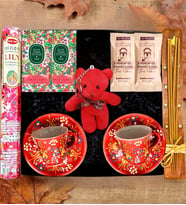 El Yapımı Kırmızı Çini Fincan Seti & Peluş Ayıcık Anahtarlık & Kahve & Tütsü Seti & Kokulu Mendil (Kırmızı) 14 Şubat