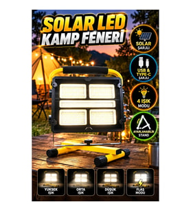Solar LED Kamp Feneri – 4 Işık Modlu, Ayarlanabilir Standlı, USB ve Type-C Şarjlı