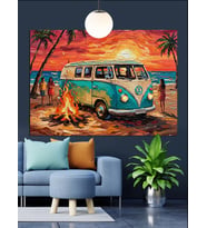 Kumsalda Mavi Minibüs Araba Dekoratif Kanvas - Mdf Ahşap Tablo