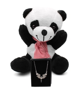 Tatlı Peluş Panda & Mikail Melek Kolye Hediye Seti (Beyaz)