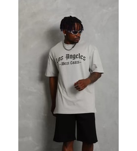 Unisex Oversize Baskılı Bisiklet Yaka T-Shirt - Gri