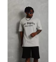 Unisex Oversize Baskılı Bisiklet Yaka T-Shirt - Gri