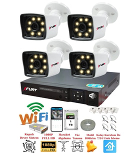 FURY 4 Kameralı 5mp Lens 1080p 2mp Color Görüntü 8 Warm Led Gece Görüş FullHd Güvenlik Kamera 5525W 1 TB