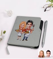 BK Gift Kişiye Özel Sevgililer Karikatürlü Gri Termo Deri Defter Kalem Seti-57