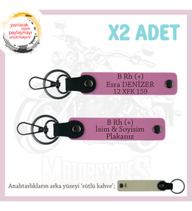 Yol Tutkunlarına Özel, İsim Plaka ve B Rh (+) Kan Grubu Yazılı Deri x2 Anahtarlık Hediye, Pembe-SK