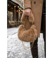 Vintage Peluş Kürk Model Tote Bag Kadın El, Omuz, Çapraz Çanta