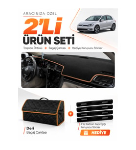 VOLKSWAGEN GOLF 7 (2012-2020) Uyumlu Torpido Örtüsü + Deri Bagaj Çantası + Sticker Seti - Siyah Kahverengi