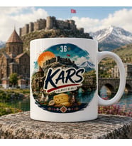 Kars Temalı Hediyelik Kupa Bardak - 36 Plaka Serhat Şehri ve Yöresel Simgeler İllüstrasyon Baskılı Kupa