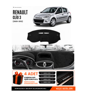 RENAULT CLIO 3 (2005-2012) Uyumlu Torpido Örtüsü Torpido Kılıfı - Siyah Gri
