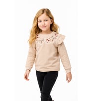 Fırfırlı Yakası Çiçek Nakışlı 2 İplik Uzun Kol Kız Çocuk Sweatshirt (Krem)