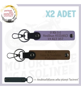 Motorcu Dostlara Hatıra, İsim Plaka ve 0 Rh (+) Kan Grubu Yazılı Özel x2 Anahtarlık, Kahve-Mor-Laci (Çok Renkli)