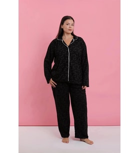 Giyim Kadın Büyük Beden Siyah Kırmızı Çiçekli Düğmeli Pijama Takımı