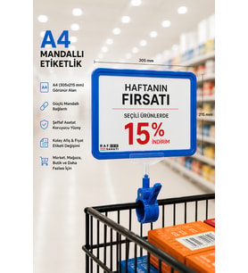 A4 Mandallı Fiyatlık Etiketlik Sepet Raf Askılık Fiyat Etiketi Çerçeveli Market Mağaza Mavi