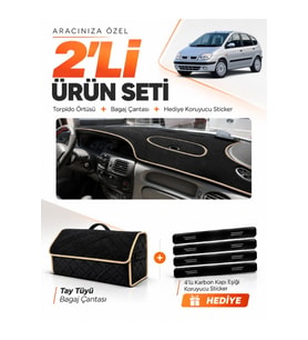 RENAULT SCENIC 1 (1996-2003) Uyumlu Torpido Örtüsü + Tay Tüyü Bagaj Çantası + Sticker Seti - Siyah Bej