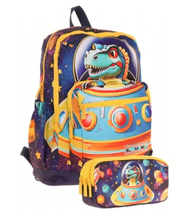 Kaukko Kids Layer Erkek Çocuk Okul Çantası + Kalem Çantası Seti (Mavi Sarı - Astronot Dinazor) (Çok Renkli)