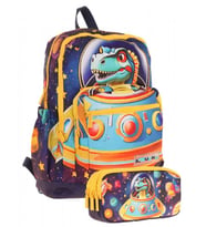 Kaukko Kids Layer Erkek Çocuk Okul Çantası + Kalem Çantası Seti (Mavi Sarı - Astronot Dinazor) (Çok Renkli)