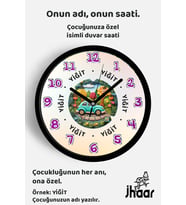 İsme Özel Turkuaz Araba ve Orman Çocuk Odası Duvar Saati Orta Boy 30 cm Siyah Camlı Sessiz