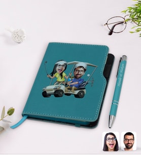 BK Gift Kişiye Özel Sevgililer Karikatürlü Turkuaz Termo Deri Defter Kalem Seti-96