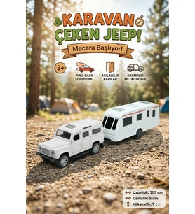 Metal Diecast Çek Bırak Jeep ve Karavan Seti - Açılabilir Kapılı Oyuncak Araba Macera Seti 31.5 cm