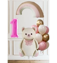 1 Yaş Doğum Günü Krem Papyonlu Ayı Pembe Gökkuşağı ve 10 Balonlu Balon Seti (01)