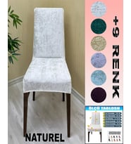 4 Adet Parlak Kadife Kumaş Sandalye Kılıfı Yıkanabilir Likralı Esnek Lastikli, Sandalye Örtü Naturel