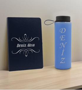 BK Gift Kişiye Özel İsimli Lacivert Defter ve Mavi Cam Matara Hediye Seti-7, Sevgiliye Hediye, Arkadaşa Hediye, Yeni İş Hediyesi