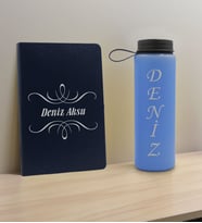 BK Gift Kişiye Özel İsimli Lacivert Defter ve Mavi Cam Matara Hediye Seti-7, Sevgiliye Hediye, Arkadaşa Hediye, Yeni İş Hediyesi