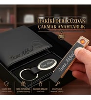 Kişiye Özel Hakiki Deri Cüzdan Clipper Çakmak Anahtarlık Premium Erkek Hediye Seti - Babaya Eşe Sevgiliye Arkadaşa Hediye