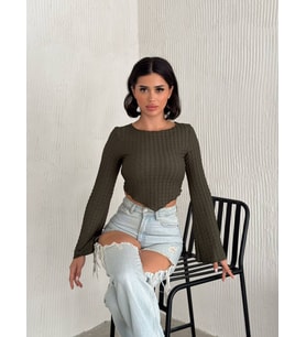Desenli İspanyol Kol Crop Bluz (Haki)