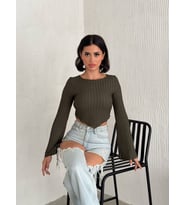 Desenli İspanyol Kol Crop Bluz (Haki)