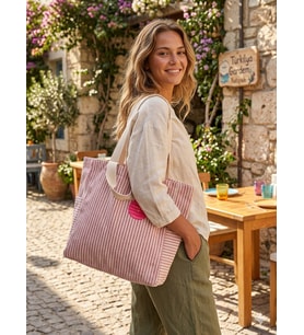 Faralya Life Çıtçıtlı Çift Saplı Kısa ve Uzun Sap Pembe Çizgili %70 Pamuk %30 Polyester Çift Cepli 50*42 Ölçüde Omuz Çantası