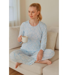 Kadın 6021 Sıfır Yaka Uzun Kol Pijama Takımı