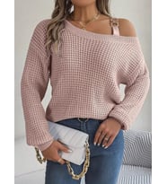 Kadın Uzun Kollu Tek Omuzu Açık Tokalı Triko Bluz (Pembe)